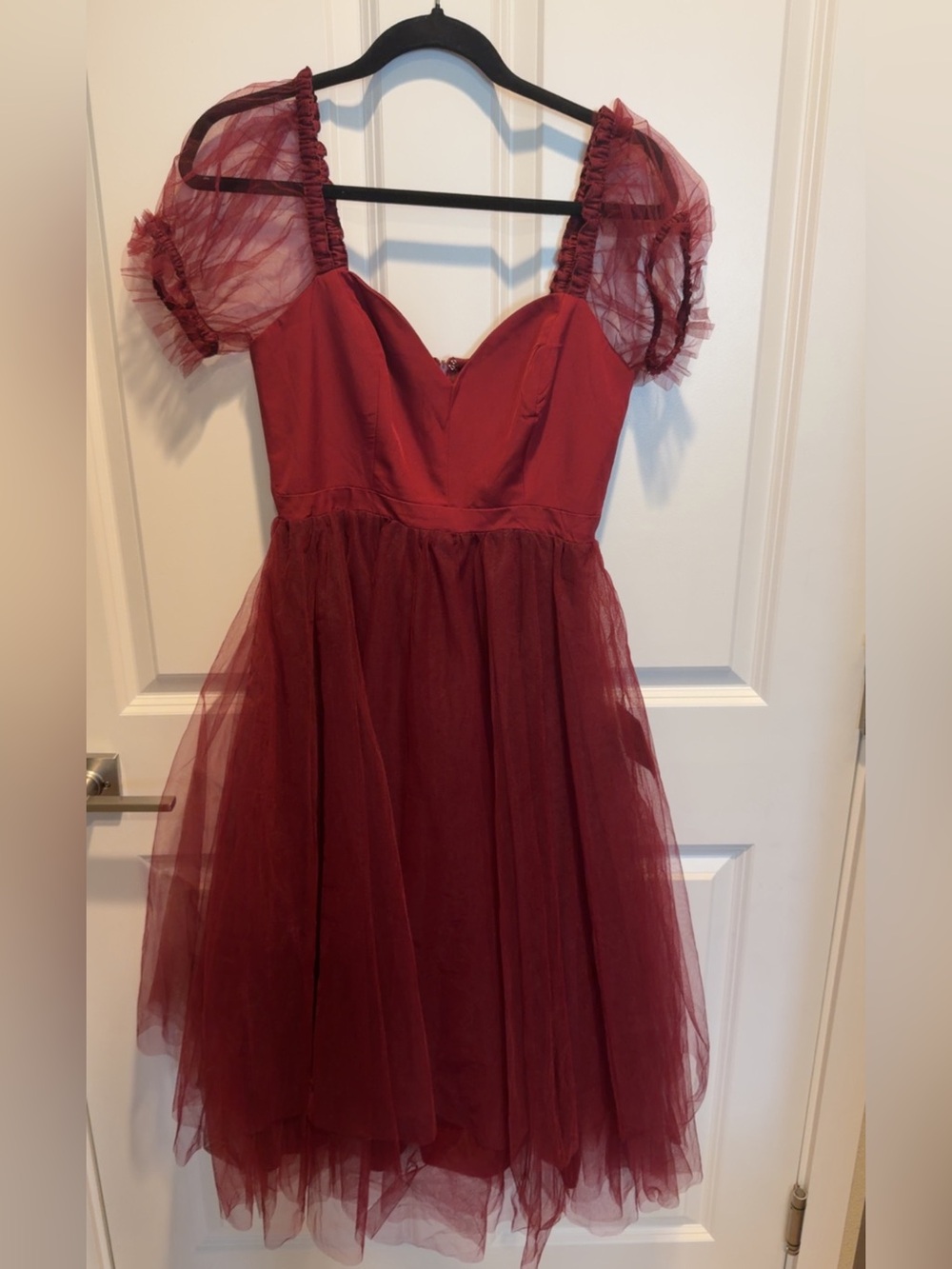 Lulu's Wine Red Tulle Dress with Puff Sleeves